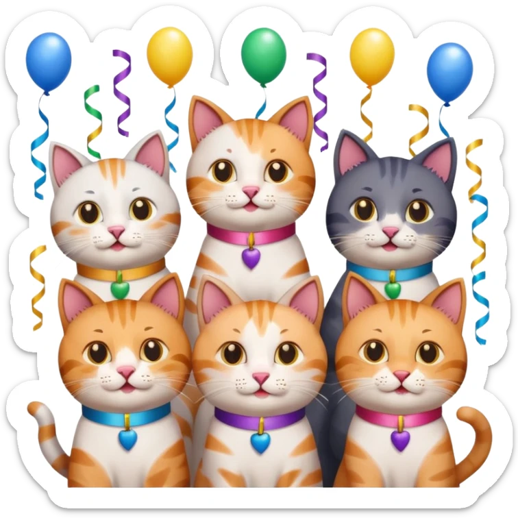 six male cats at a birthday party, confetti, streamers, each cat with a different expression, fun and lively, emoji style sticker