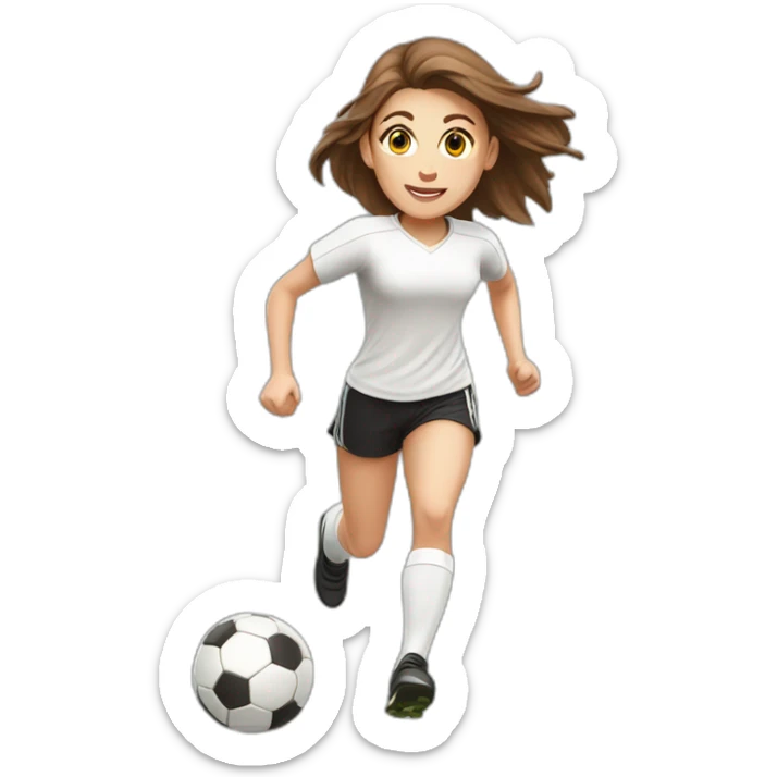 Caucasian girl with brown long hair running with a soccer ball wearing White short and black shorts sticker