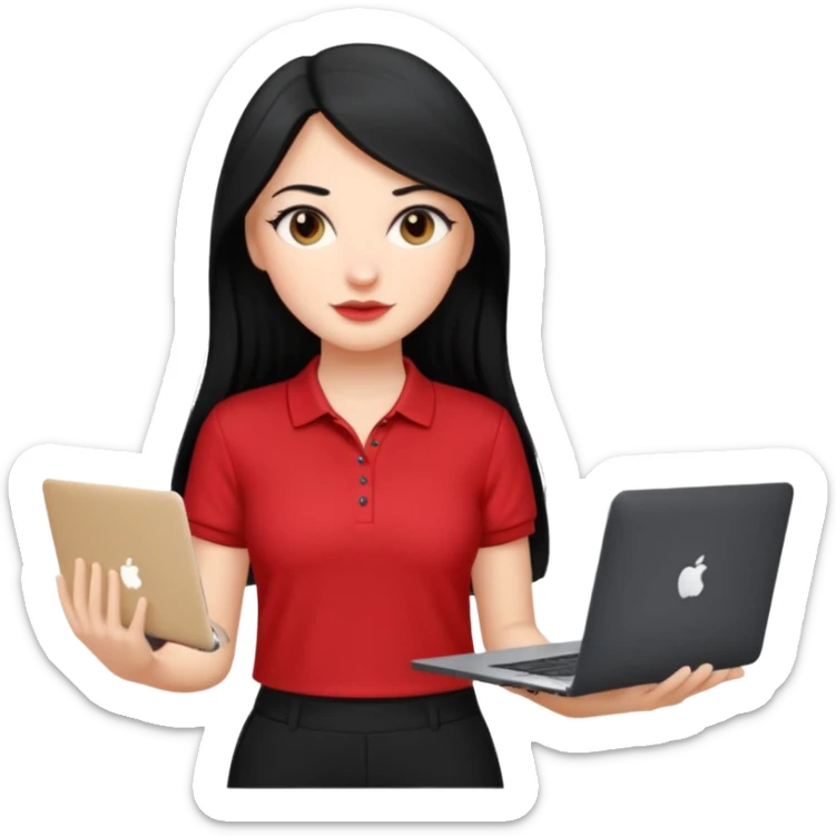 Gere um emoj estilo IOS de uma garota branca, de longos cabelos pretos vestida com um uniforme composto por uma blusa gola Polo vermelha e uma calça pantalona preta. Ela deve segurar em uma das maos um mackbook sticker