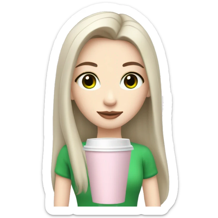 girl with pale skin, very long dark black hair and green eyes and light pink outfit drinking a latte sticker