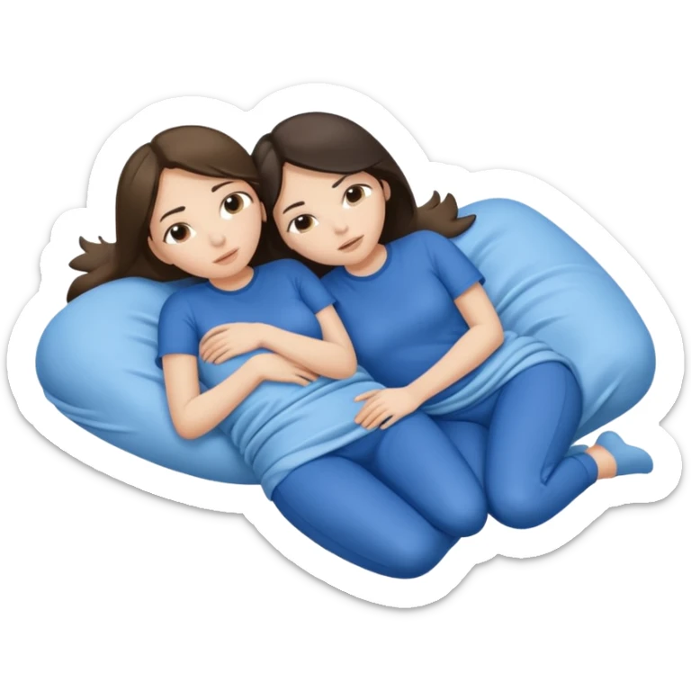 two white brunette women lying down full body on top of each other wrapped around each other one wearing a blue shirt they should be melting into each other. ONLY two women not three sticker