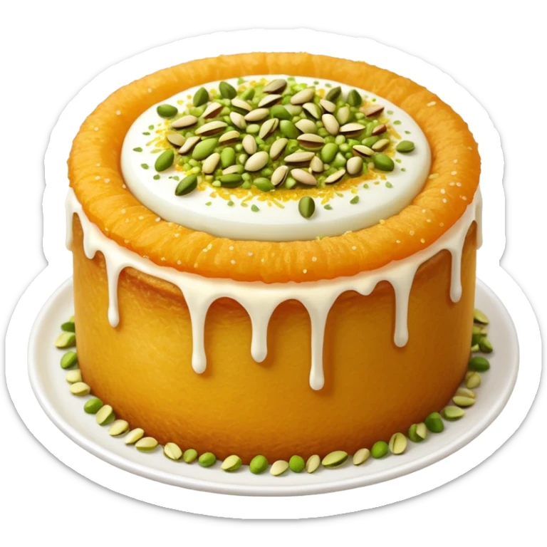A small round emoji of traditional kanafeh with golden-orange crispy threads, a gooey white cheese center, and a light sprinkle of green pistachios. Warm and delicious-looking. sticker