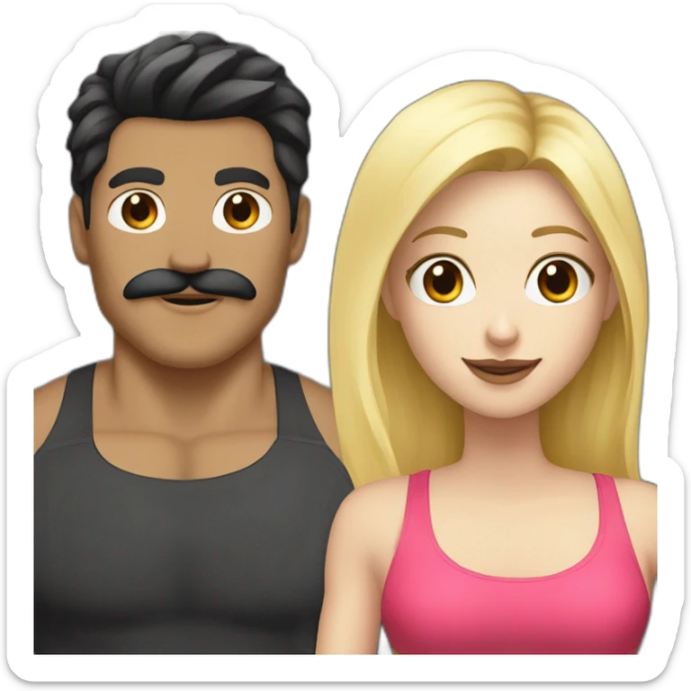 A guy with white skin, black hair, and a mustache with a blonde girl going to the gym sticker