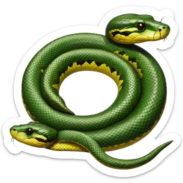 A photo-realistic top-down view of a Green Anaconda tightly coiled in a spiral, with its broad, flat head resting at the center. Its thick, muscular body is olive-green and covered in symmetrical, bold black oval spots that stand out against its smooth scales, creating striking natural camouflage. sticker