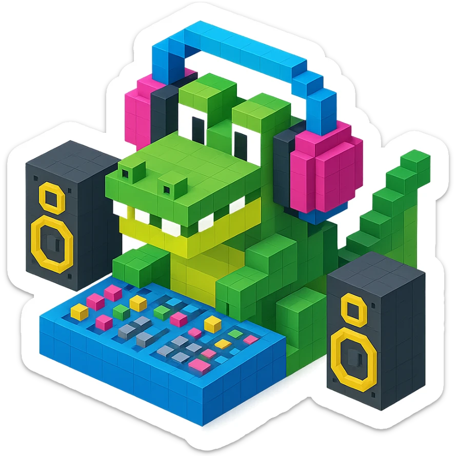voxel style crocodile with large over-ear headphones in a music studio, isometric view, visible studio equipment like speakers and mixing desk sticker