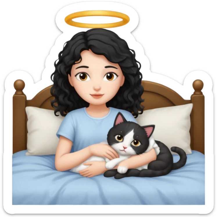 angelic black wavey hair girl in the bed with her cat sticker
