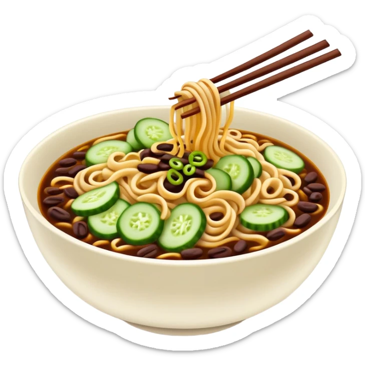 Beijing Zhajiang noodles with dark bean sauce and cucumber toppings, simplified emoji style with bold outlines and bright colors, cartoon style northern Chinese noodle dish sticker