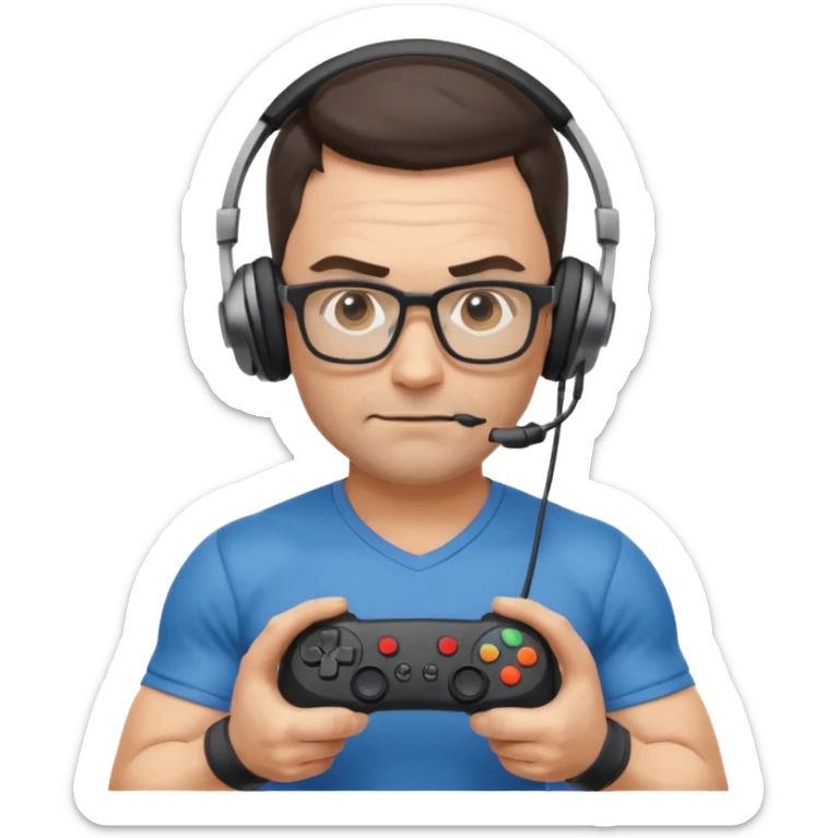 
gamer, Very fit muscular 40-year-old with youthful looks glasses, headphone, gamepad sticker