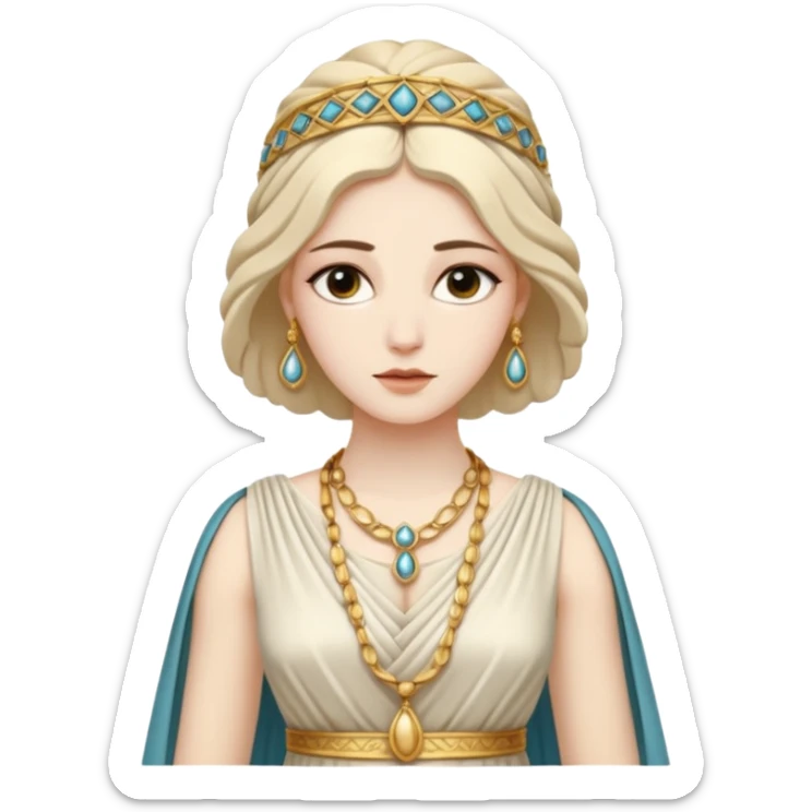 An emoji portrait of a Greek noblewoman. She wears a peplos dress with intricate folds and gold jewelry. Her expression is calm and intelligent. sticker