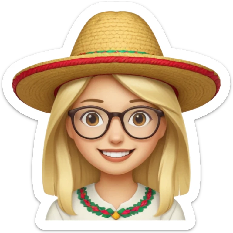 blonde girl with straight hair and glasses with a Mexican hat  sticker