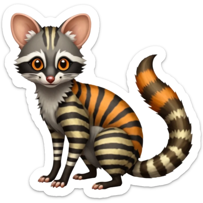 Feral Rare Fantasy shaded detailed colorful Genet-Possum-Trico-Civet-Cacomistle-Oncilla-species by LiLaiRa,, with white stripes with dark-blackish points, white belly, random markings, tufted tail, tufted ears, full body sticker