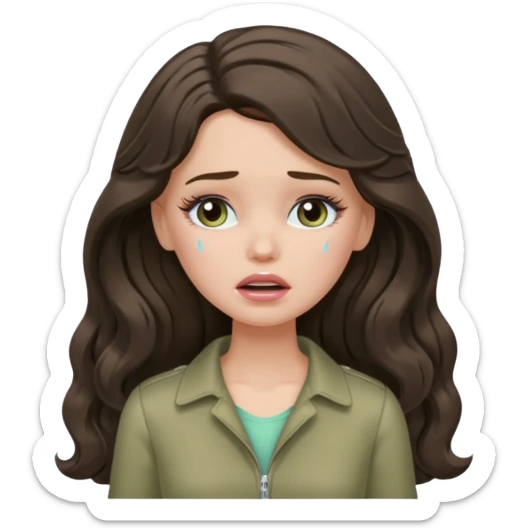 A white Barbie girl with long dark brown wavy hair in pale olive clothes crying sticker