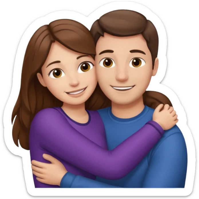 "Man with short brown hair and fair skin, hugging a woman with long brown hair and fair skin, both smiling."
 sticker