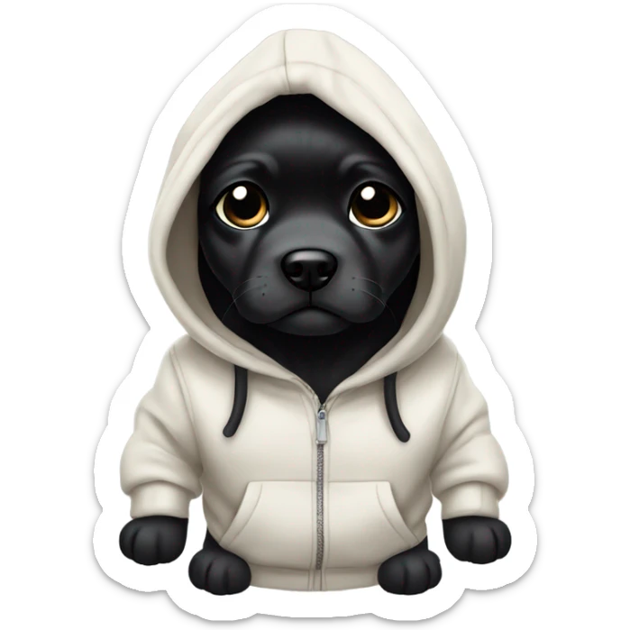 Puppy with cool long black hair sticking up (not down) vibing in a hoodie sticker