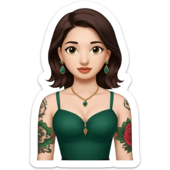 pretty bratz genmoji that looks like tamannah bhatia (bollywood actress), wearing a dark green sweetheart neckline top, dark brown hair, light makeup, no necklace, dangly earrings, side hair part, dark BROWN eyes, with full tattoos and neck tattoo big, fair sticker