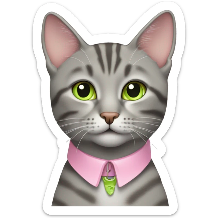 Gray tabby cat with lime green eyes wearing a baby pink collar sticker
