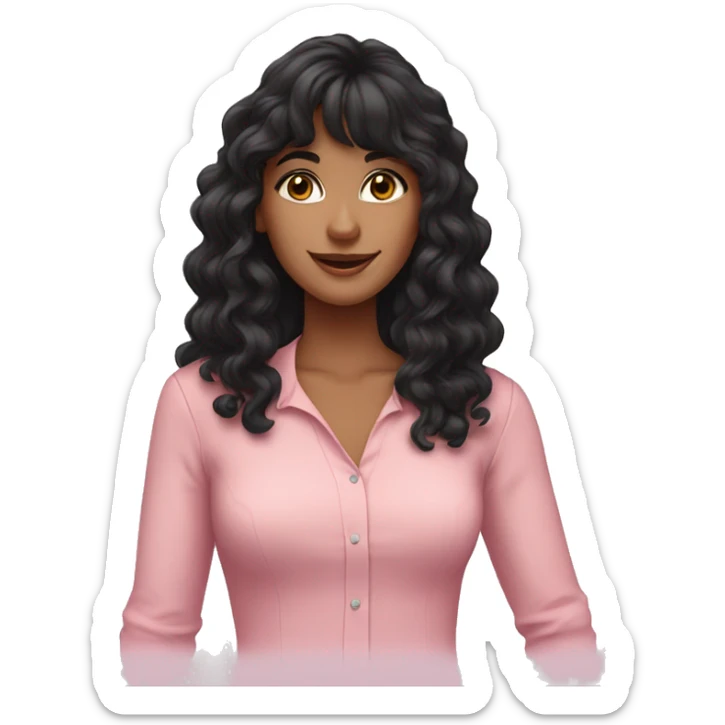 woman with long black curly hair and bangs and dark brown eyes, wearing a pastel pink blouse sticker