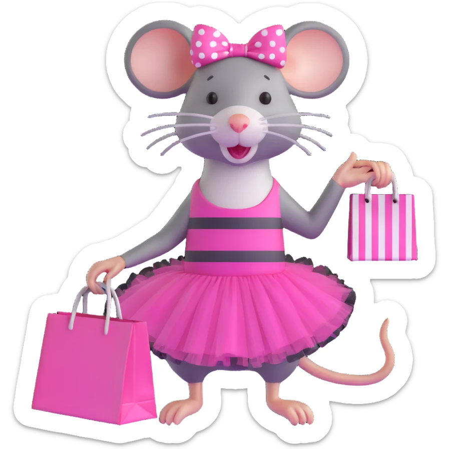 rat with a pink dress and tutu holding a black and white striped shopping bag sticker