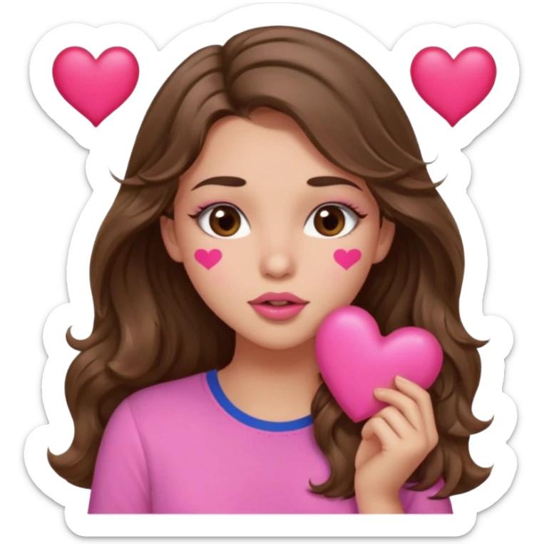 girl with long wavy brown hair, brown eyes, light to medium complexion, in a pink shirt, pink lips, long lashes, puckering lips kissing, blushing with hearts sticker