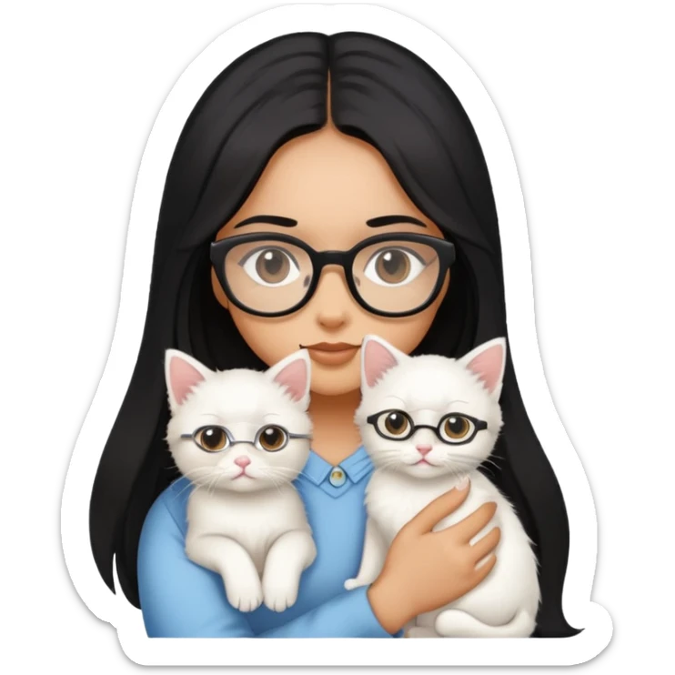 Girl with long black hair and glasses holding a white kitten sticker