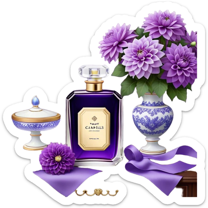 An ornate dark amethyst French-style perfume bottle, adorned with filigree accents, sits beside a porcelain dish of violet-hued petals. Lush periwinkle dahlias spill from a crystal vase, their soft petals contrasting with the bottle’s rich purple tones. A silk ribbon in muted lilac drapes across the wooden dresser, completing the dreamy vintage scene. The faint aroma of iris and musk lingers, reminiscent of an old-world Parisian boudoir. sticker