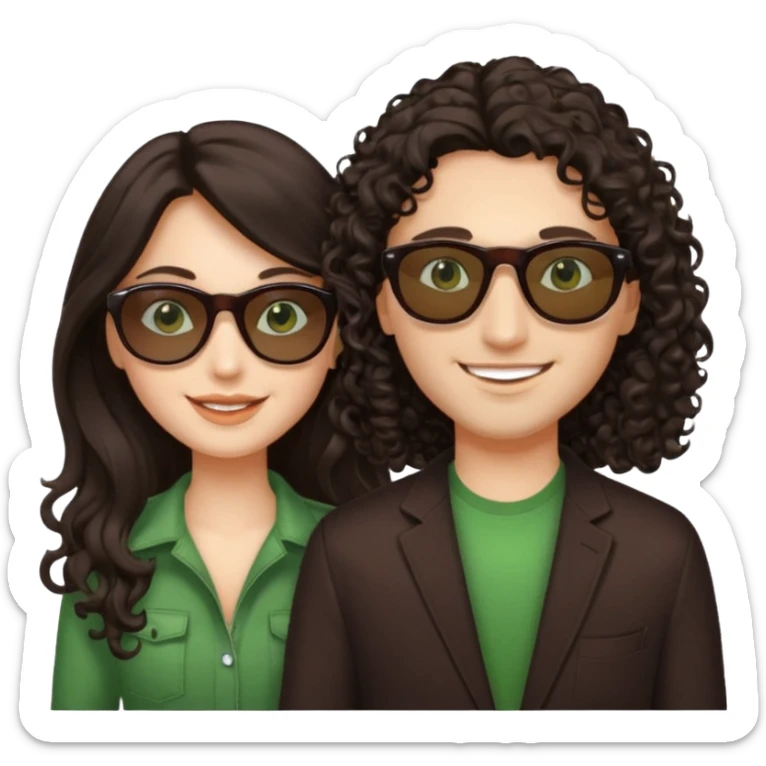 Two besites in sunglasses, 1: long ironed straight darkbrown hair, green eyes, 2: long curly darkbrown hair, brown eyes sticker