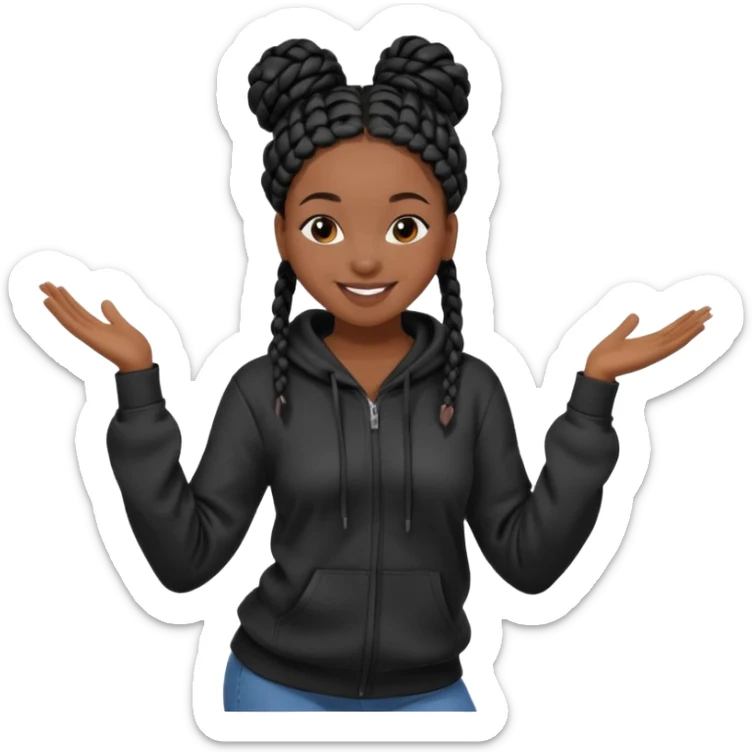African American girl dark skin complextion long black box braids wrapped in a bunwearing plain black hoodie dancing sticker
