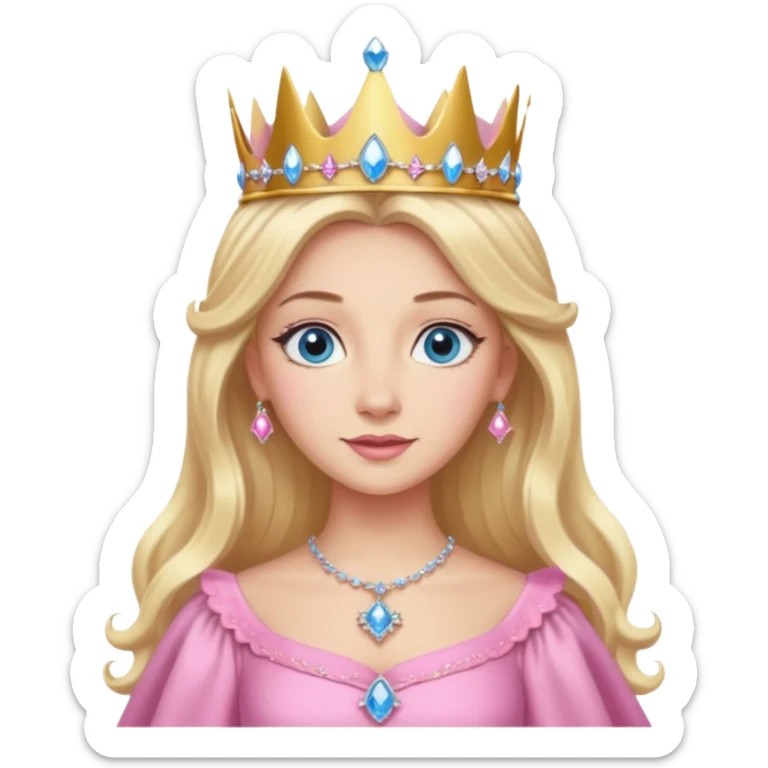 Glinda the Good Witch from The Wizard of Oz with light skin, blue eyes, long blonde hair, pink outfit and crown sticker
