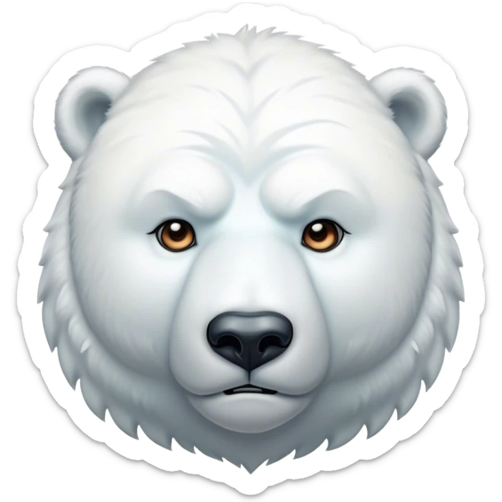 Cinematic Noble Polar Bear Portrait Emoji, Poised and regal, with a strong, muscular build cloaked in thick, snowy fur and piercing, determined eyes, Simplified yet sharp and sophisticated features, highly detailed, glowing with a soft, dignified polar glow, high shine, intelligent and majestic, stylized with an air of arctic authority, focused and commanding, soft glowing outline, capturing the essence of a watchful and confident guardian that feels as though it could step out of the screen with effortless authority! sticker