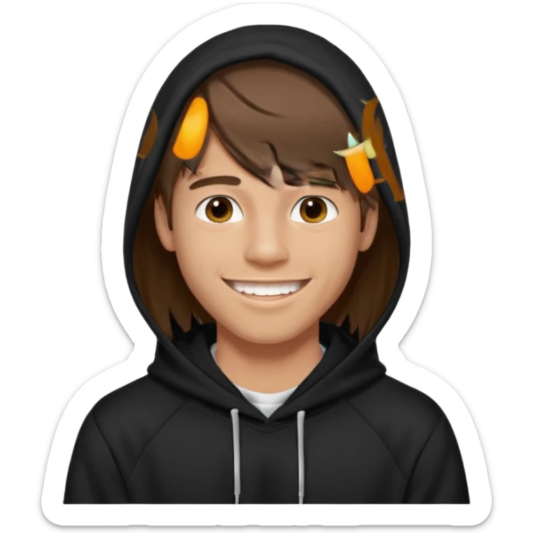 20 yr old man, brown hair, straight, big smile, white teeth, tanned skin, bangs, black hooded sweatshirt, long hair in back, center-parted bangs sticker
