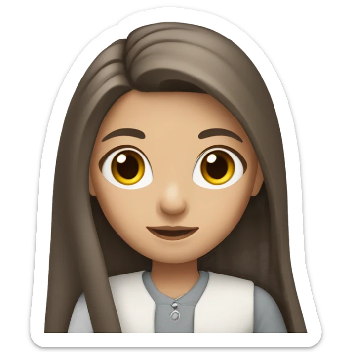 Young girl with long straight brown hair holding a gray catc sticker