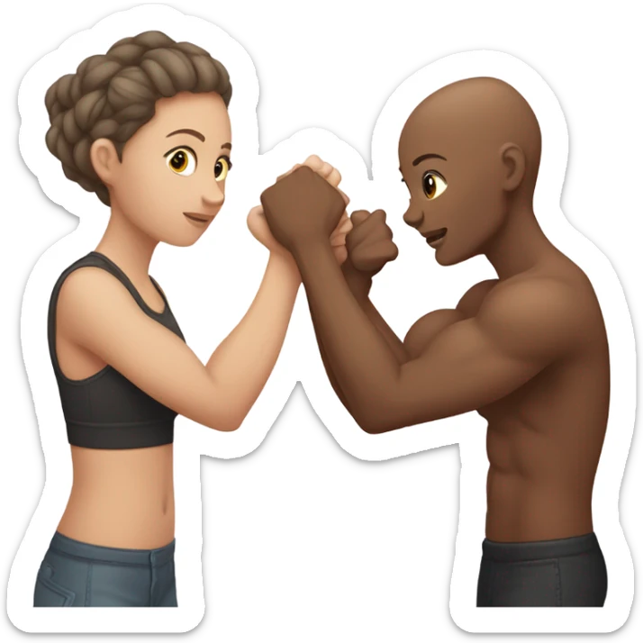 Girl with no hair and medium brown skin arm wrestling with a girl who brown hair sticker