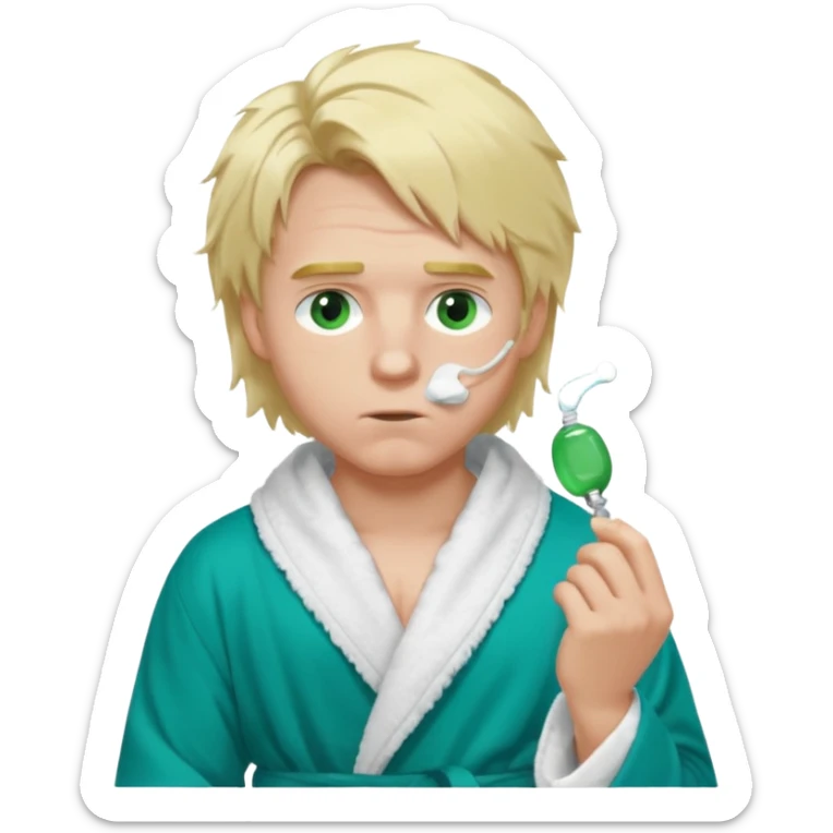 A white man with green eyes, medium-length blond hair, a blue Cartier watch on his wrist, and a black and white bathrobe. His hair is messy, and he has a white pacifier in his mouth. sticker