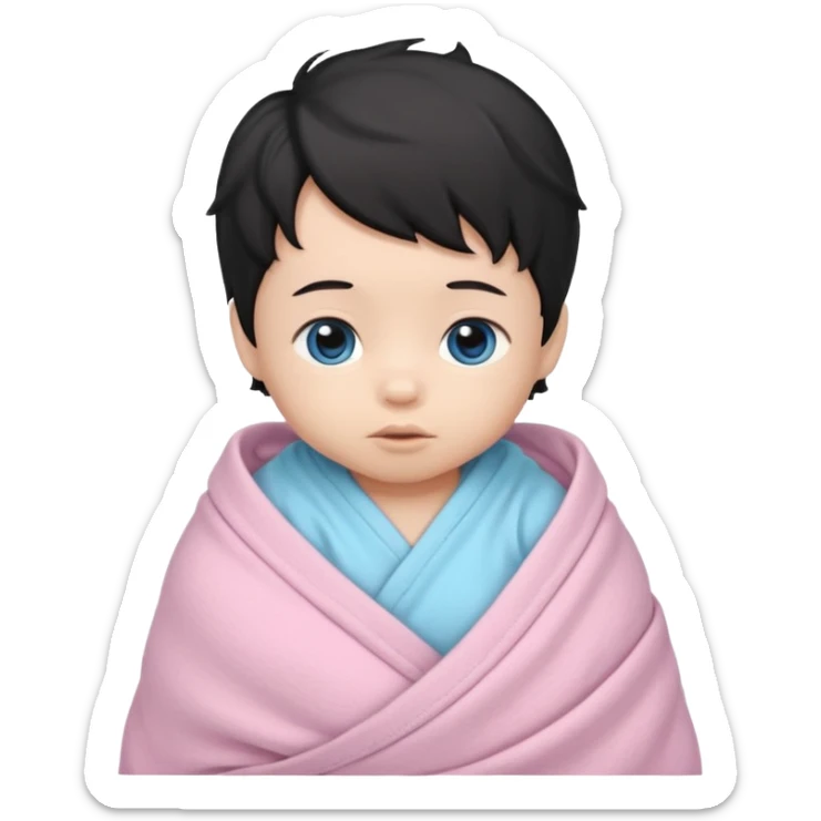 a  asian newborn baby with black wavy hair and blue eyes wrapped in a light pink swaddle sticker