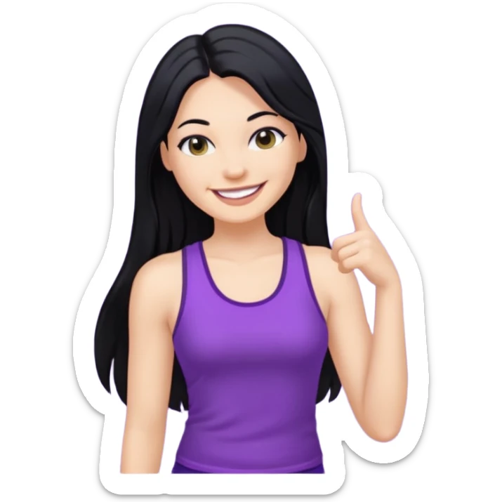 white woman in y2k purple tank top, long black hair, smiling sticker