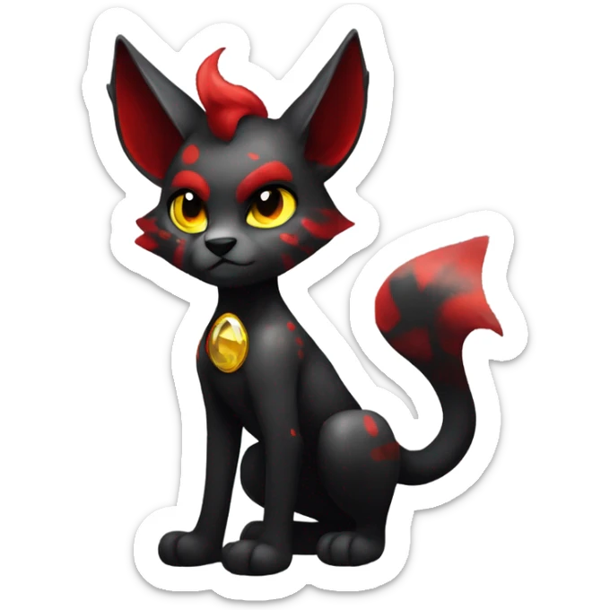 black Shiny Fionbri-Falvie-sparkle-sona with yellow eyes, red edgy markings full body fursona sticker