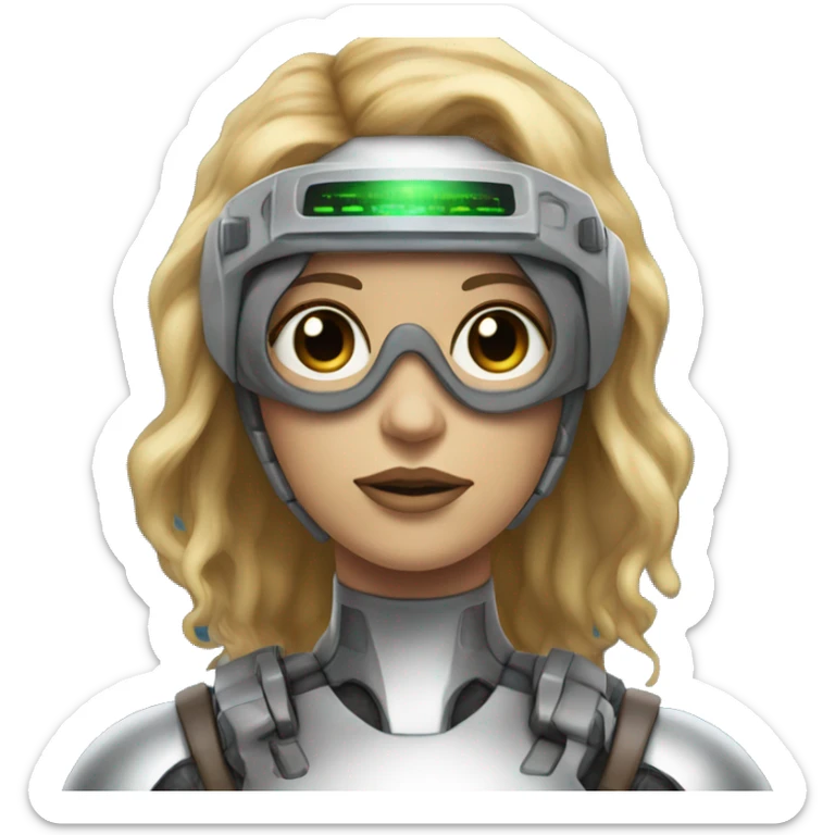 female cyborg head, fair skin, Brown long hair with blonde steaks, space age goggles and circuits sticker