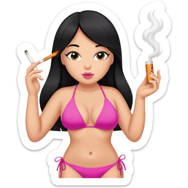caucasian curvy girl in pink bikini, long straight black hair smoking  sticker