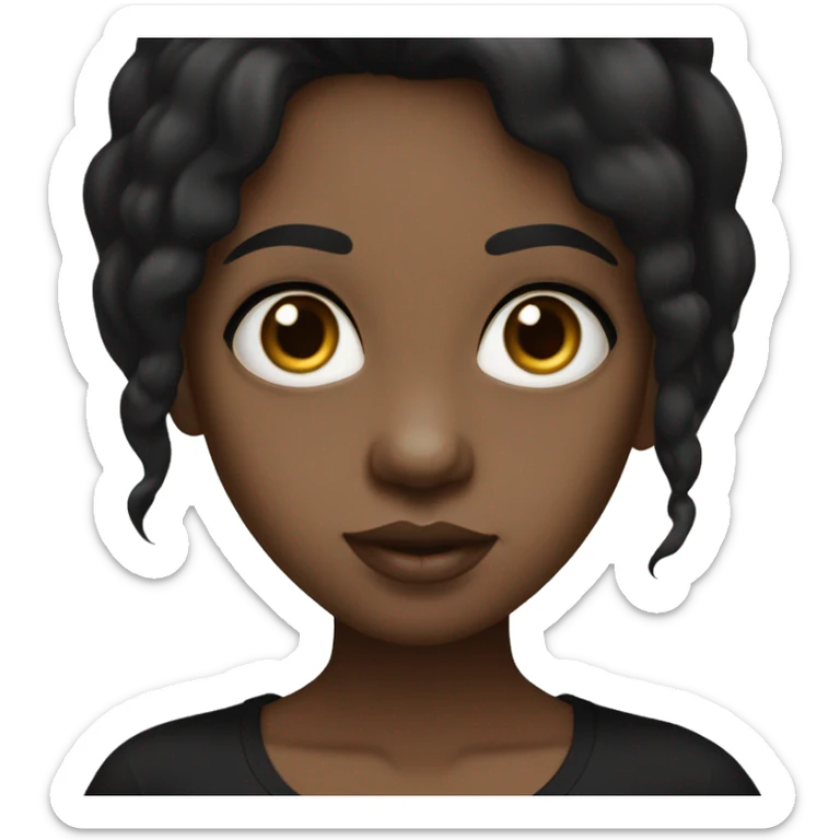 Girl with white skin tone, big eyes, small lips, big nose, long black hair, black T shirt
 sticker