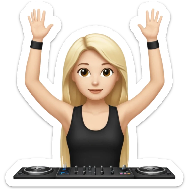 I want a white female dj animated gif emoji with long straight centre parting blonde hair, brown eye brows and putting hands up in the air. Wearing a black tight top with no sleeve sticker
