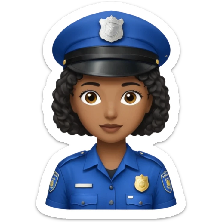 A female police officer with medium-dark skin tone, wearing a dark blue police cap with a silver badge in the center, short curly black hair showing from under the cap, large brown eyes, and a slight smile. sticker