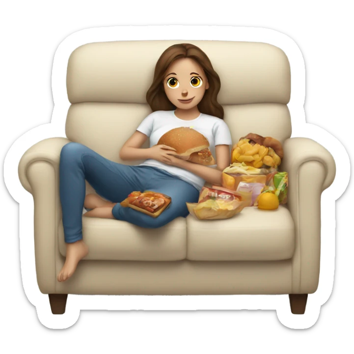 Girl with brown hair laying on couch with a food baby sticker