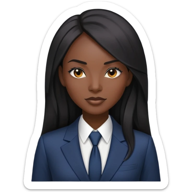Confident African businesswoman with straight long black hair, sleek professional look, wearing power suit sticker