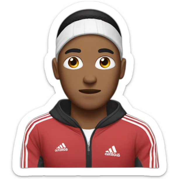 guy in an adidas tracksuit with a bandage on his ear and a black eye sticker