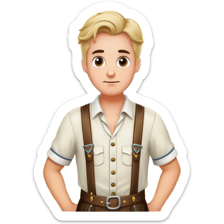 German person in Bavarian lederhosen shrugging with Sicily landscape in background sticker