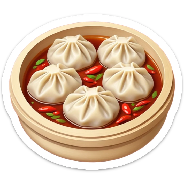 Chongqing Zhong Dumplings with red chili oil sauce, simplified emoji style with bold outlines and bright colors, cartoon style Sichuan spicy boiled dumplings sticker