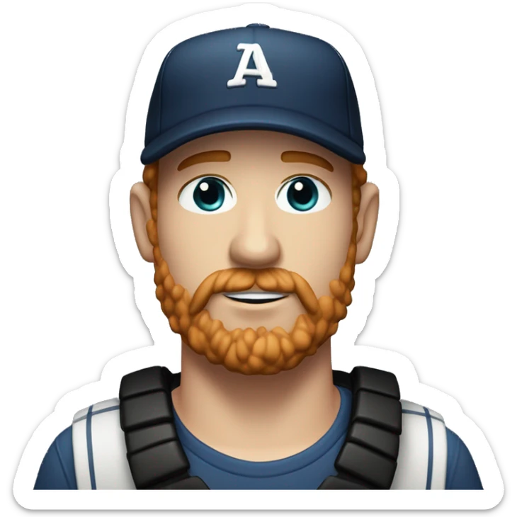 35 years old, male, short curly red hair, black baseball hat, blue eyes, pale complexion, thick beard and thin mustache sticker