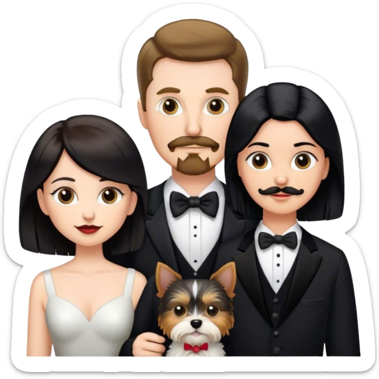 Couple, Tall white man with short brown hair mustache and goatee, small pale woman long with black hair, with yorkie dog and tuxedo cat sticker
