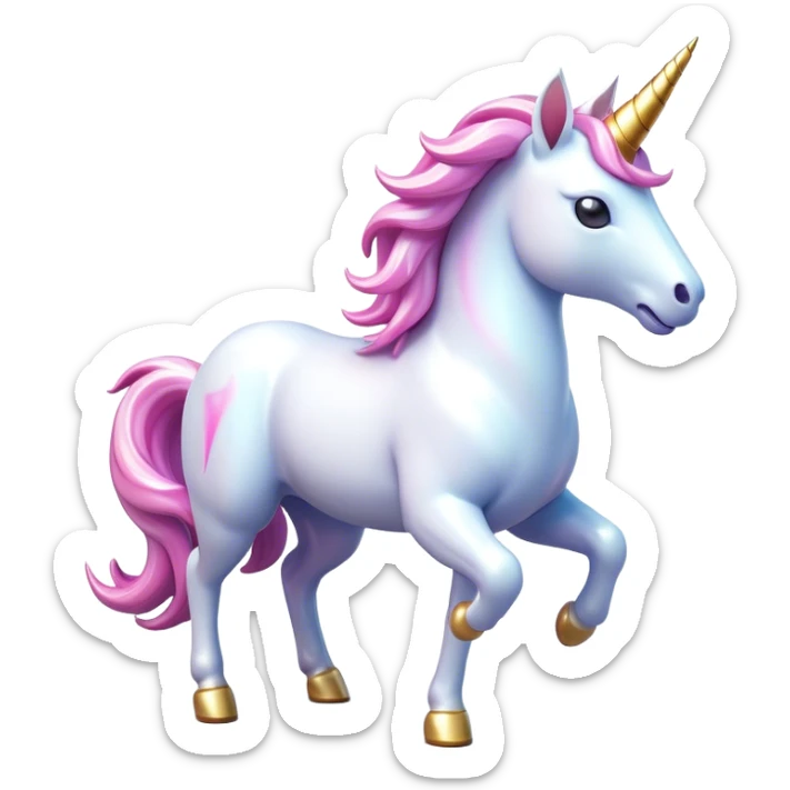 Clash of Clans aesthetic: Cinematic Playful Unicorn Mount Emoji, rendered in a 3D vector-style similar to standard emojis with minimal shading and bold, simplified shapes. A compact, isometric majestic unicorn with a spiraled horn and flowing mane, softly glowing with a magical celestial charm. Simplified yet unmistakably iconic, highly detailed and consistent, glowing with a soft radiant brilliance and high shine. Stylized with a touch of enchanted fantasy and a soft glowing outline, capturing the essence of a mythical mount with a friendly, playful elegance! sticker