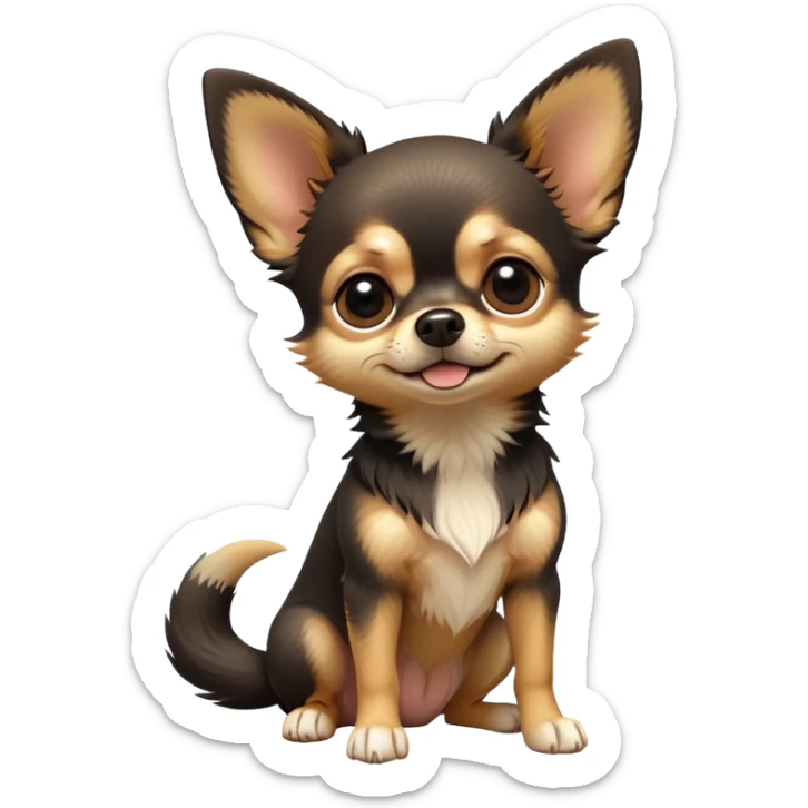 cinematic-[chihuahua dog]-realistic-full-body-sitting-emoji,-tail-resting-loosely-beside-its-paws,-head-tilted-dramatically,-scruffy-[black and tan]-fur,-simplified-yet-realistic-focused-features,-highly-detailed,-glowing-with-an-almost-sarcastic-glow sticker